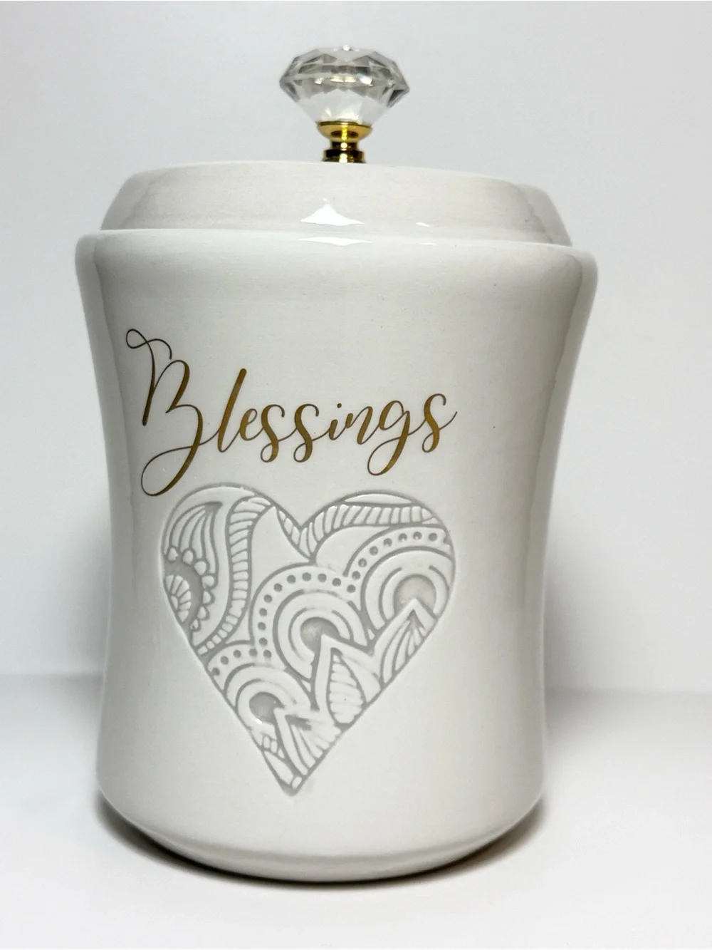 Young’s Inc White Wedding Blessing Jar with Crystal Knob and Embossed Heart